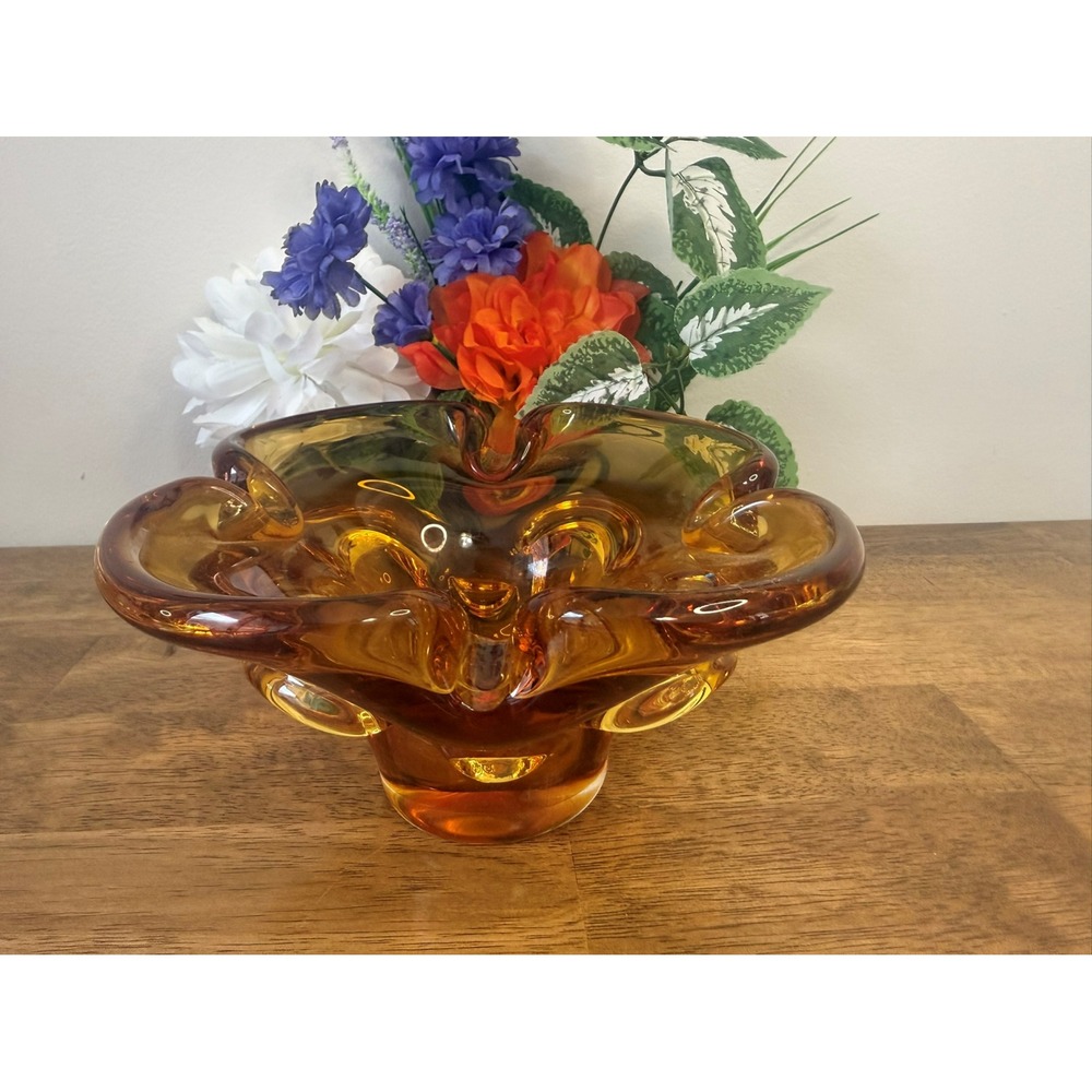 Vintage Amber Art‎ Glass Bowl Pedestal Heavy Glass Sculptural Mid Century Decor